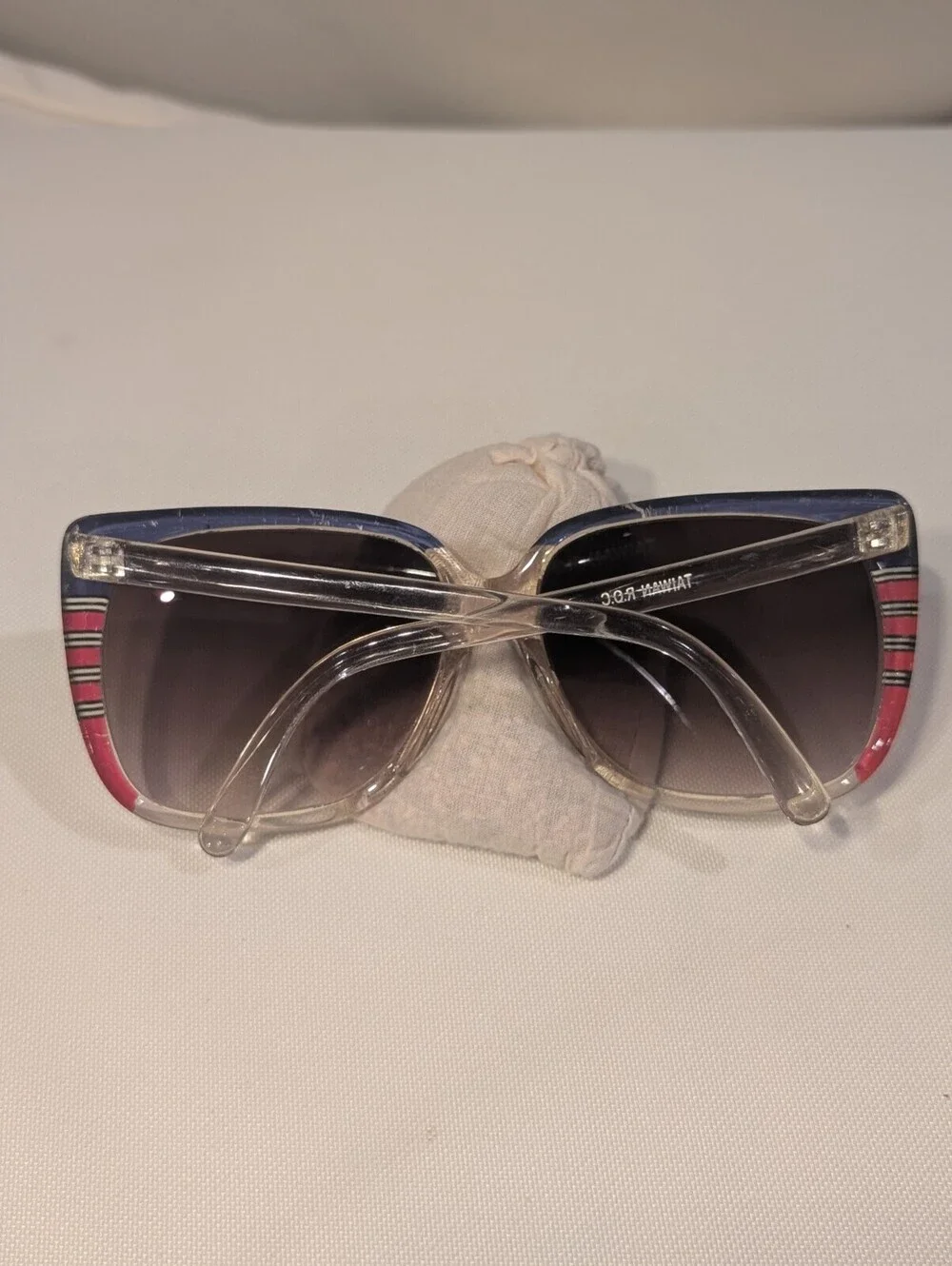 Vintage 1980s Taiwan ROC Oversized Square Sunglasses Clear Red Blue Retro